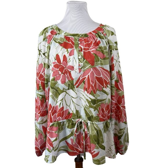 Beautiful By Lawrence Zarian Top Floral XL Flowy Tropical Artsy Poet Preppy QVC - Picture 1 of 8